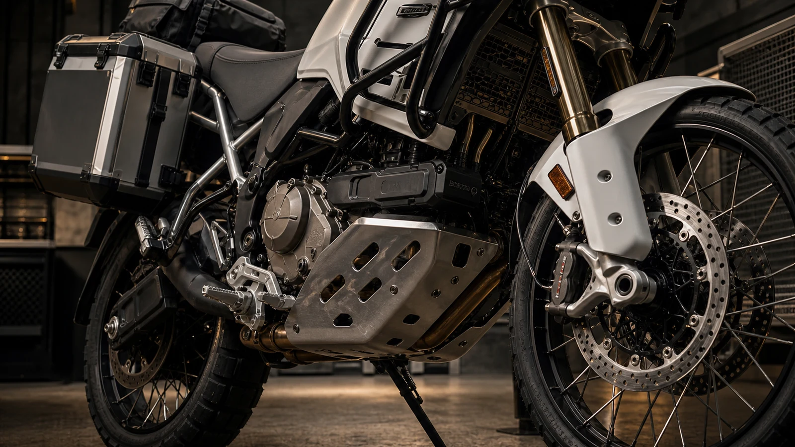 AI-generated Ducati DesertX Discovery technical detail image showing Testastretta engine, skid plate, spoked front wheel and luggage hardware