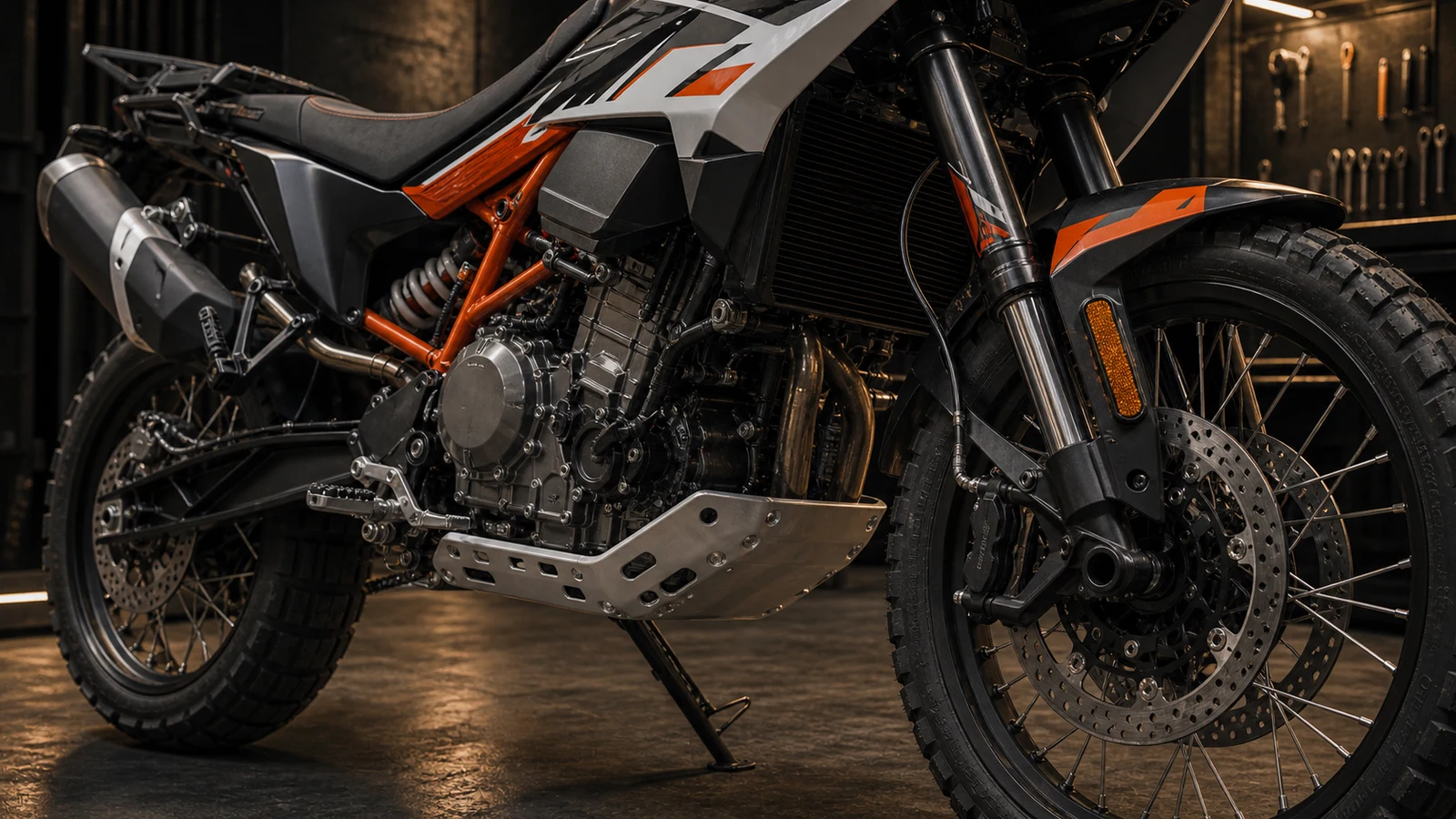 AI-generated KTM 790 Adventure R technical detail image showing LC8c engine, orange frame cues, WP suspension, skid plate and spoked front wheel