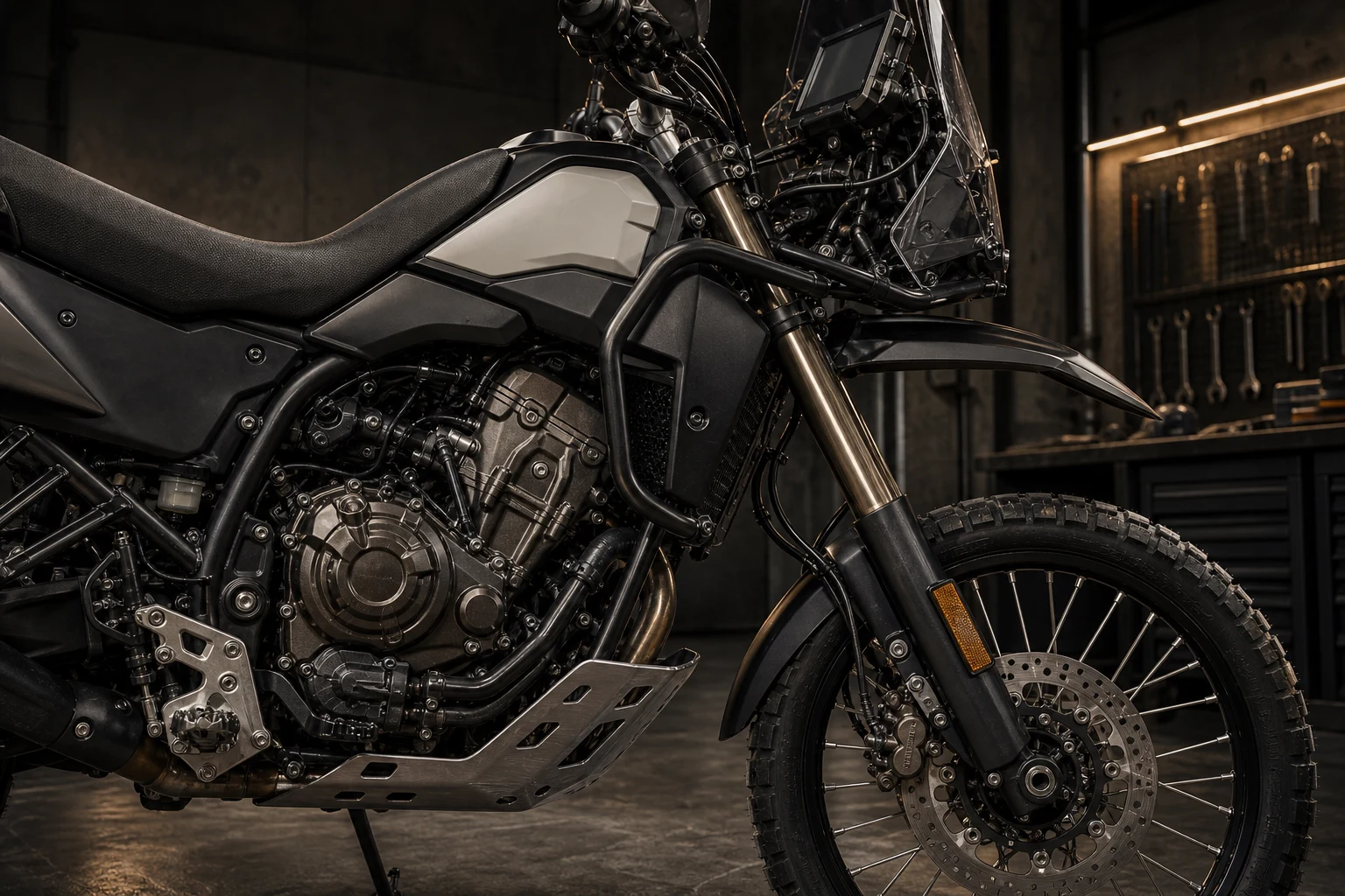 AI-generated Yamaha Ténéré 700 2025 technical detail image showing CP2 engine, skid plate, rally cockpit and spoked front wheel