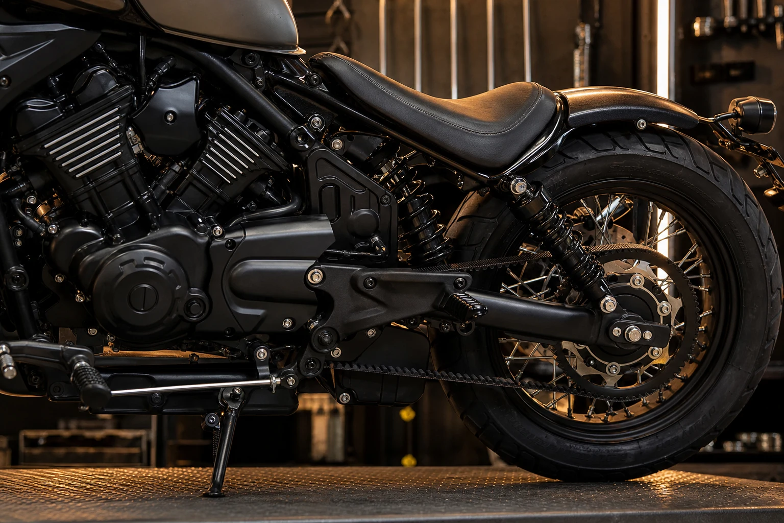 AI-generated Benelli Leoncino Bobber 400 V-twin engine and belt-drive detail image