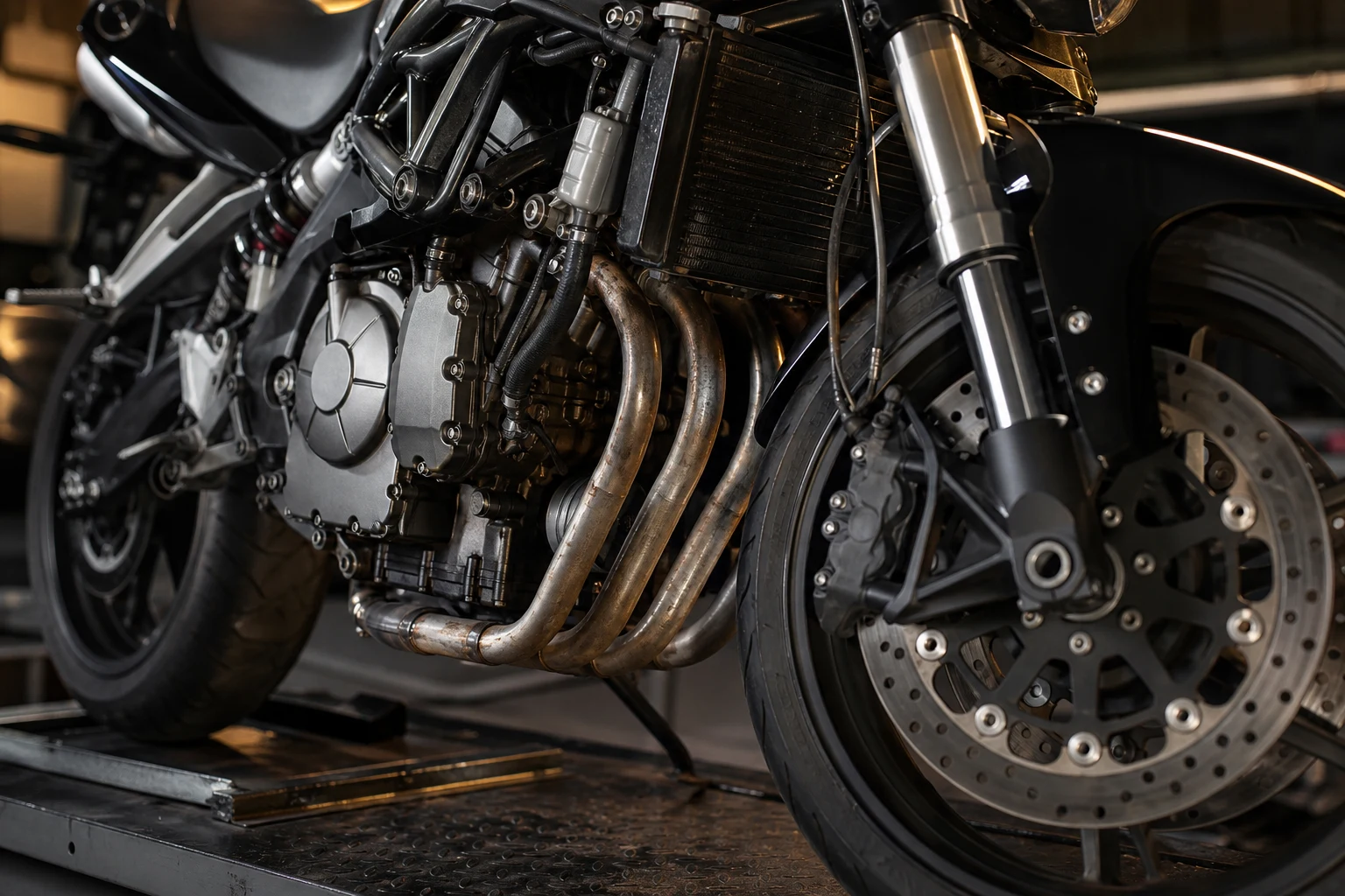 AI-generated Benelli TNT 600i inline-four engine and dual front brake detail image