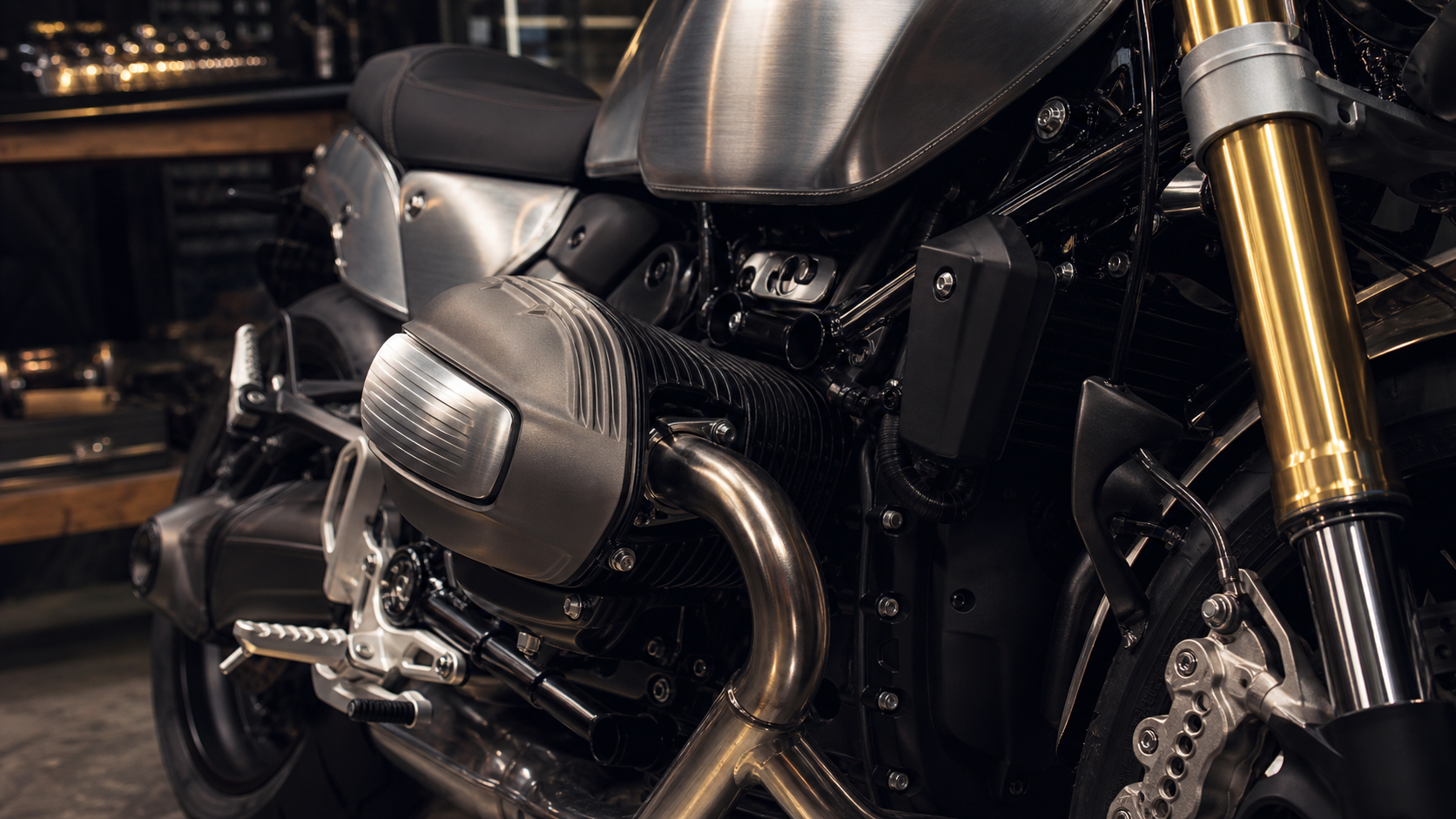 BMW R 12 nineT AI generated detail image showing boxer cylinder, brushed aluminium tank and golden fork