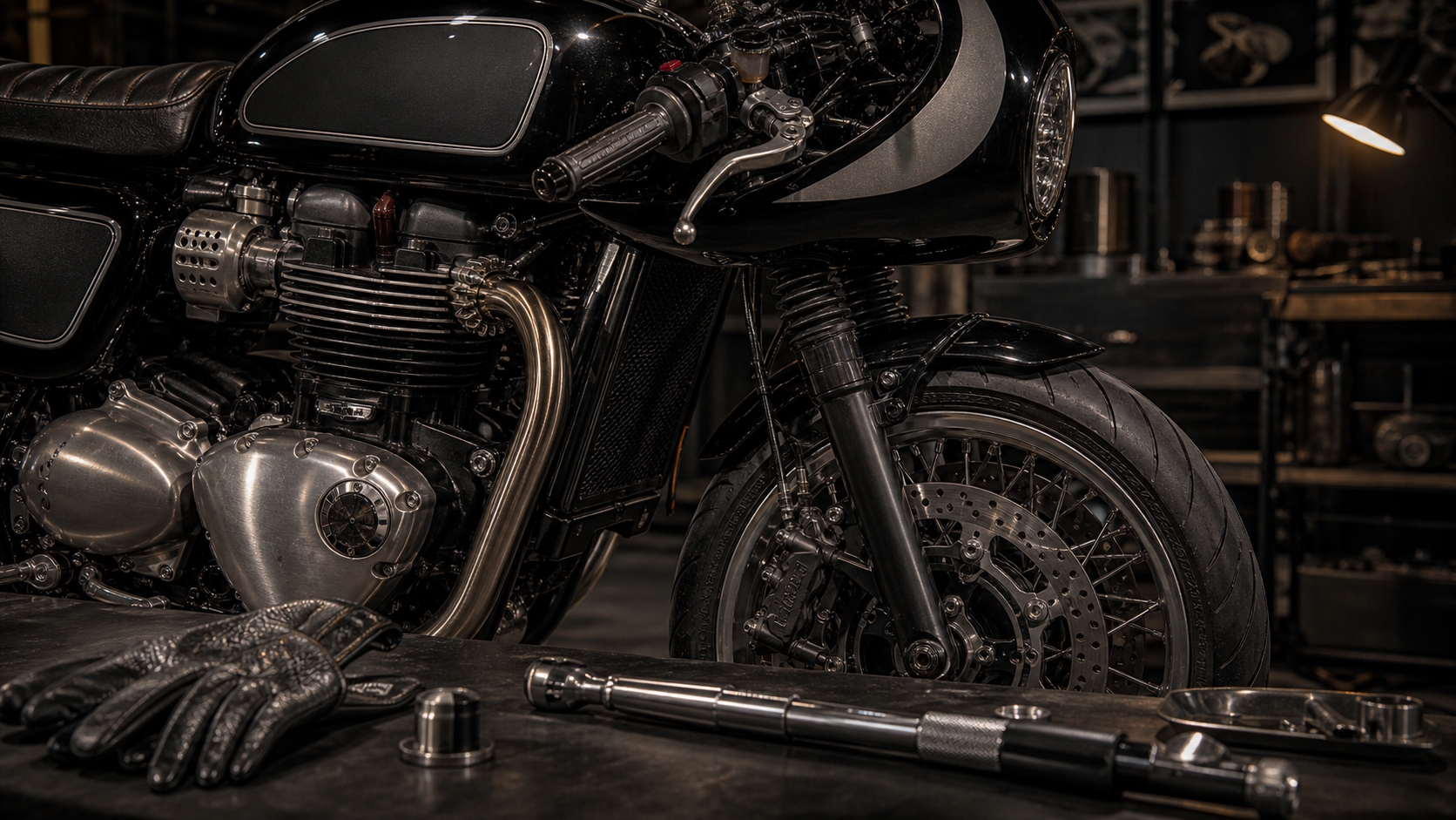 Triumph Speed Twin 1200 Cafe Racer AI-generated DGR 2026 preparation detail with brake tire and clip-on handlebar
