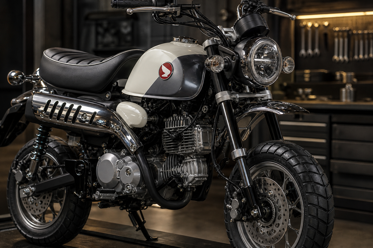 Honda Monkey 125 2026 tank, high-mounted exhaust, 125cc engine and brake detail in an industrial inspection bay