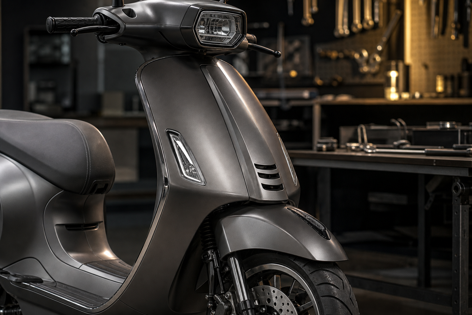 Vespa Sprint Tech 180 i-Get ABS cockpit, front shield and brake detail in an industrial inspection bay