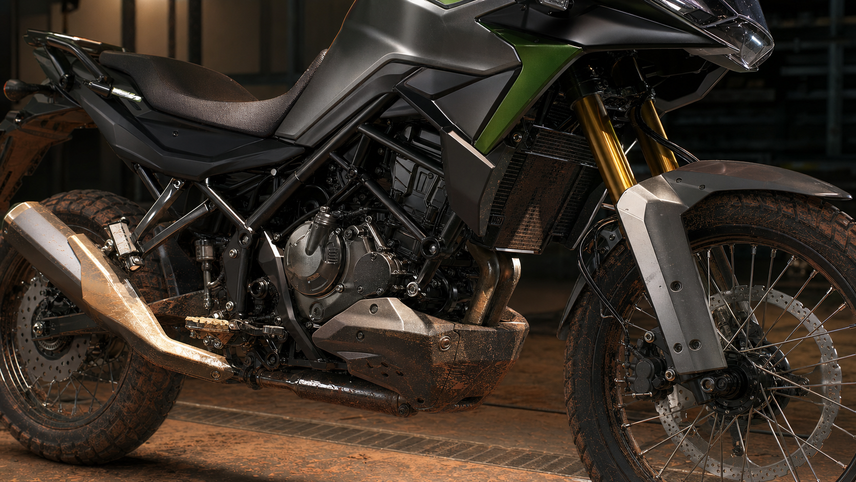 Kawasaki KLE500 451cc parallel twin trellis frame inverted fork and 21 inch spoked wheel detail