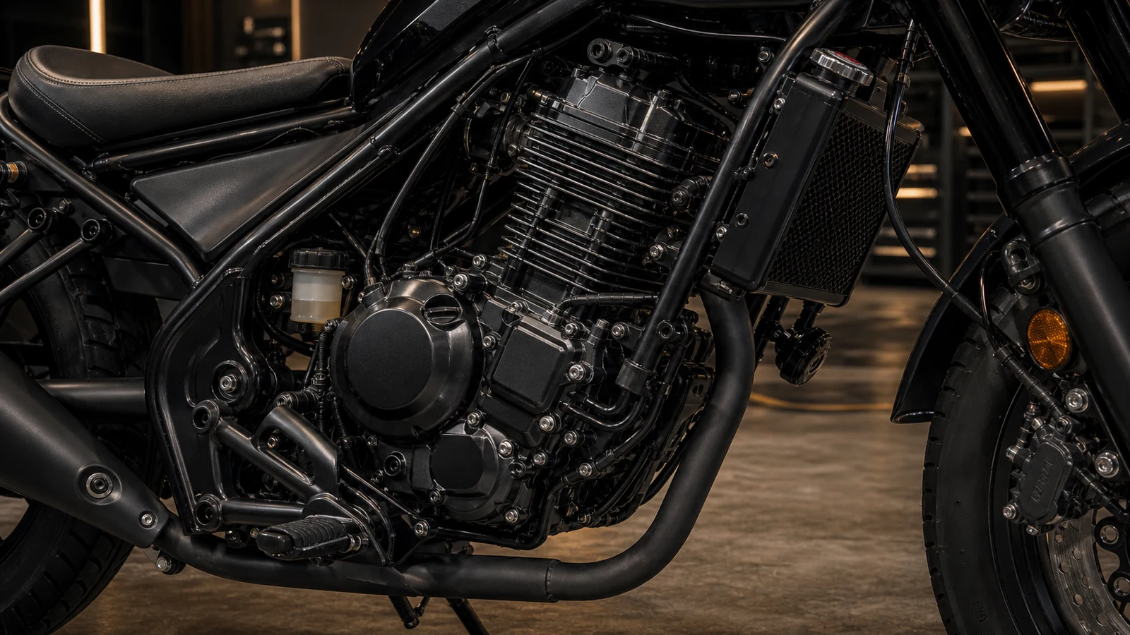 AI-generated Honda Rebel 300 E-Clutch single-cylinder engine actuator wiring and radiator detail image