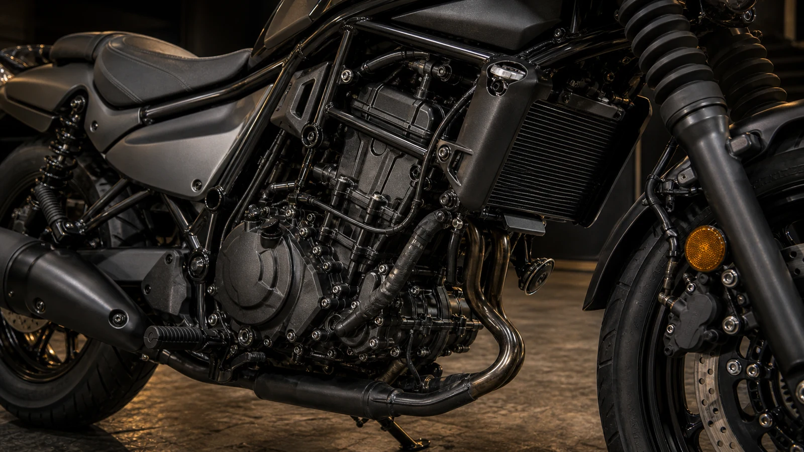 AI-generated Kawasaki Eliminator SE parallel-twin engine radiator frame and brake inspection detail image