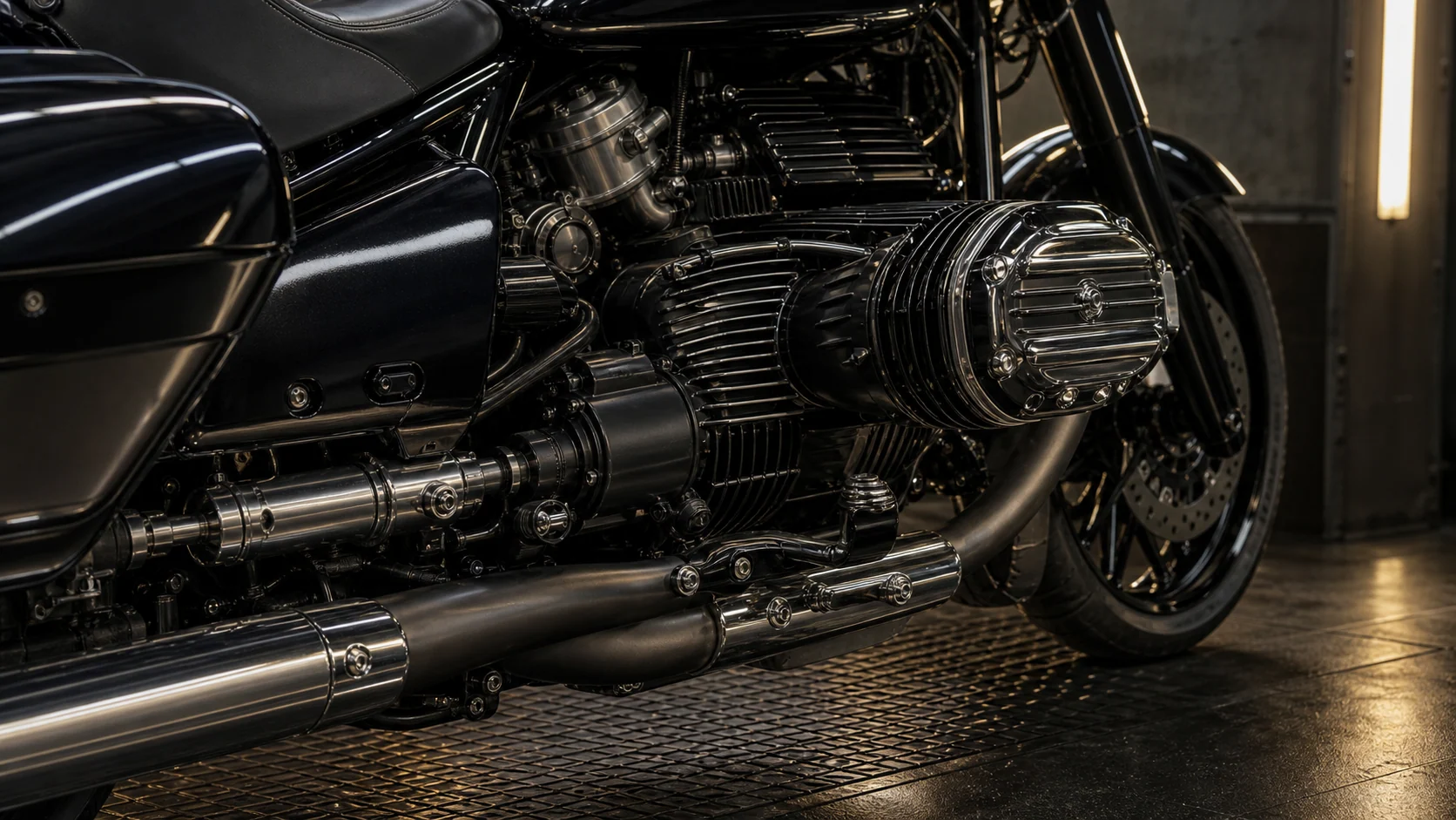 AI generated BMW R 18 Roctane Big Boxer 1802cc engine detail with cardan shaft style cruiser hardware