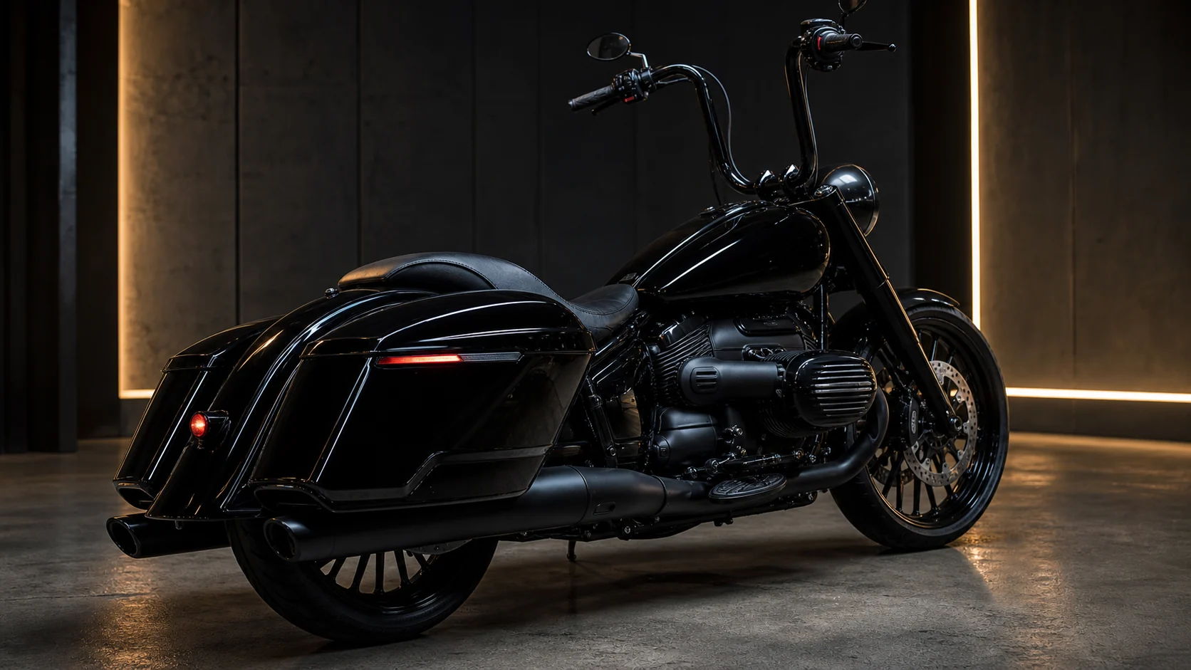 AI generated BMW R 18 Roctane factory bagger detail showing hard shell cases 21 inch wheel midi ape hanger and touring hardware