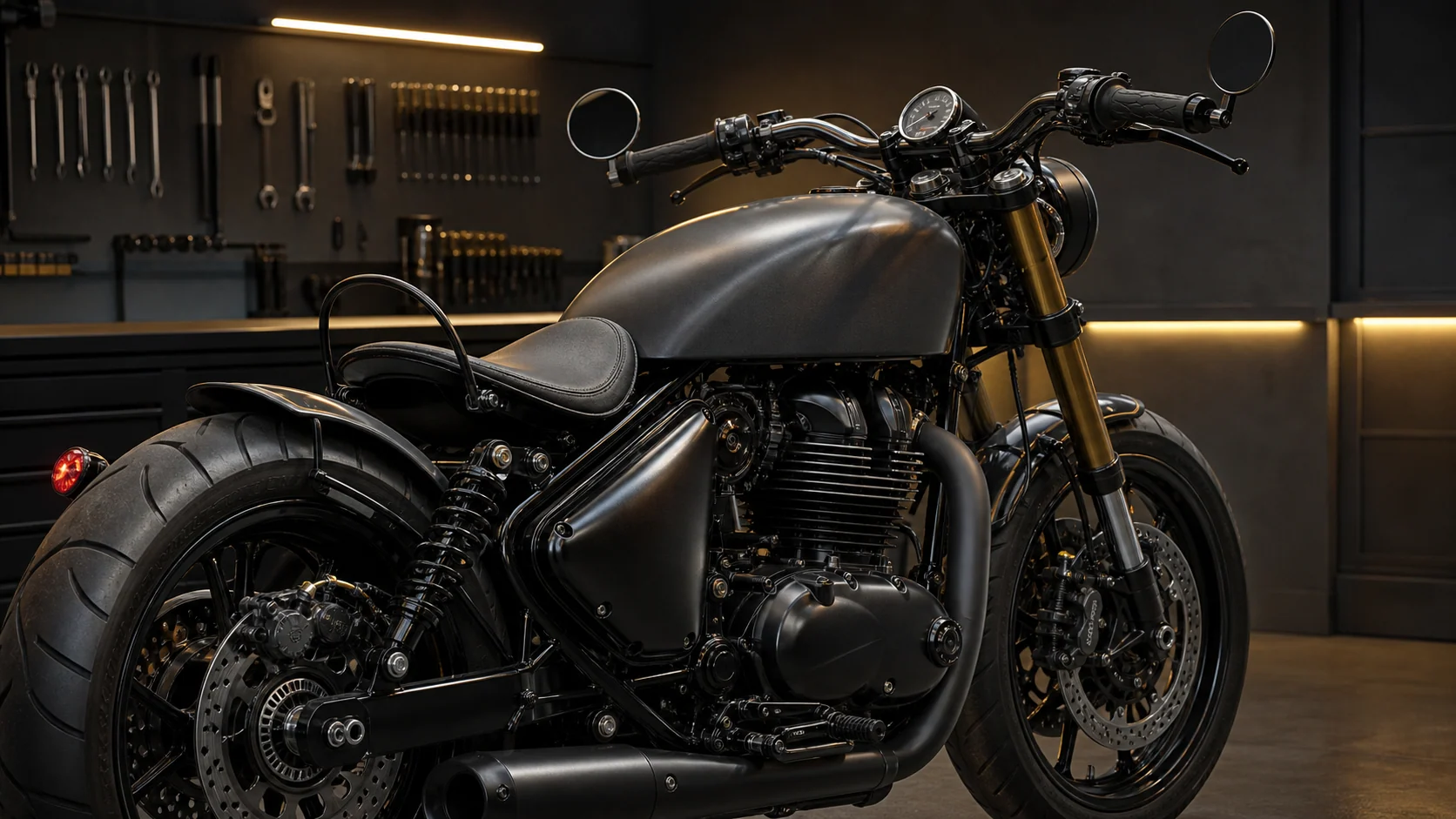 AI generated Royal Enfield Shotgun 650 detail showing factory custom bobber stance solo seat cockpit and 650 twin hardware