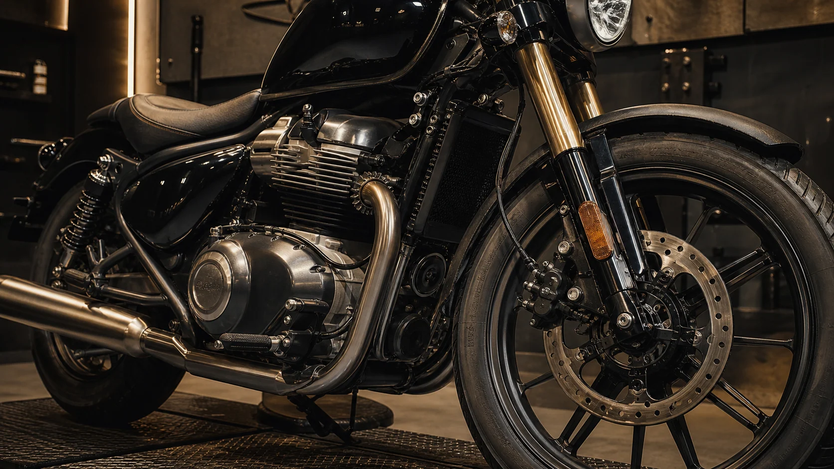 AI generated Royal Enfield Super Meteor 650 detail showing 648cc twin engine upside down fork cruiser hardware