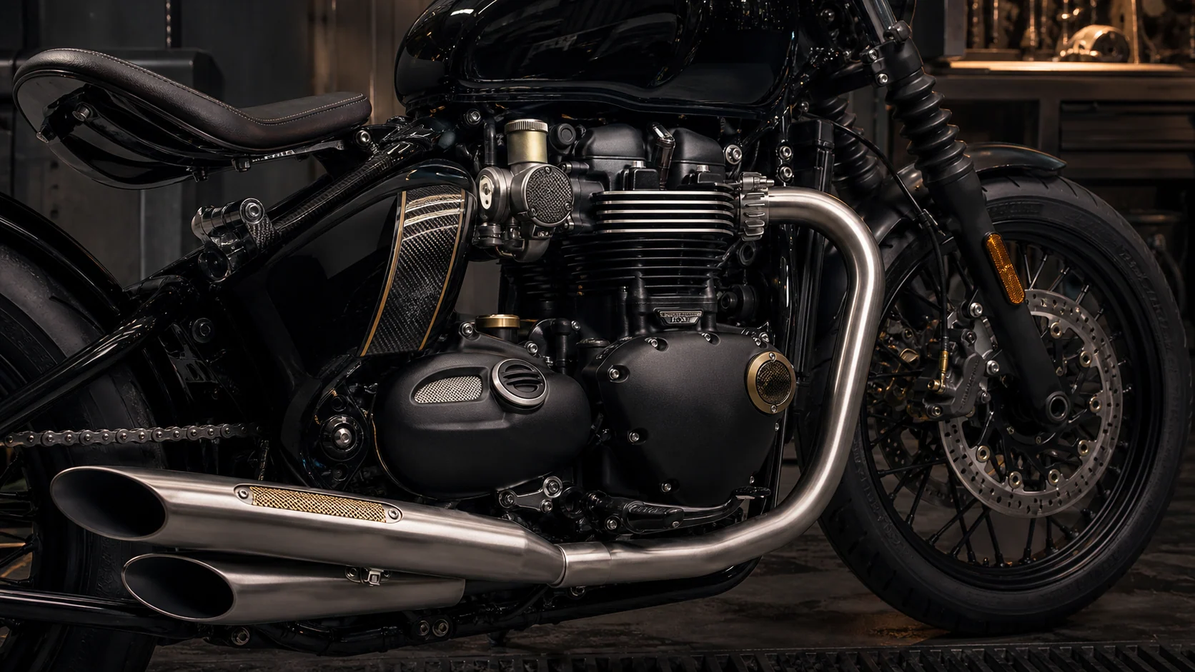 AI generated Triumph Bonneville Bobber TFC 1200cc Bonneville twin engine and exhaust detail in a premium atelier