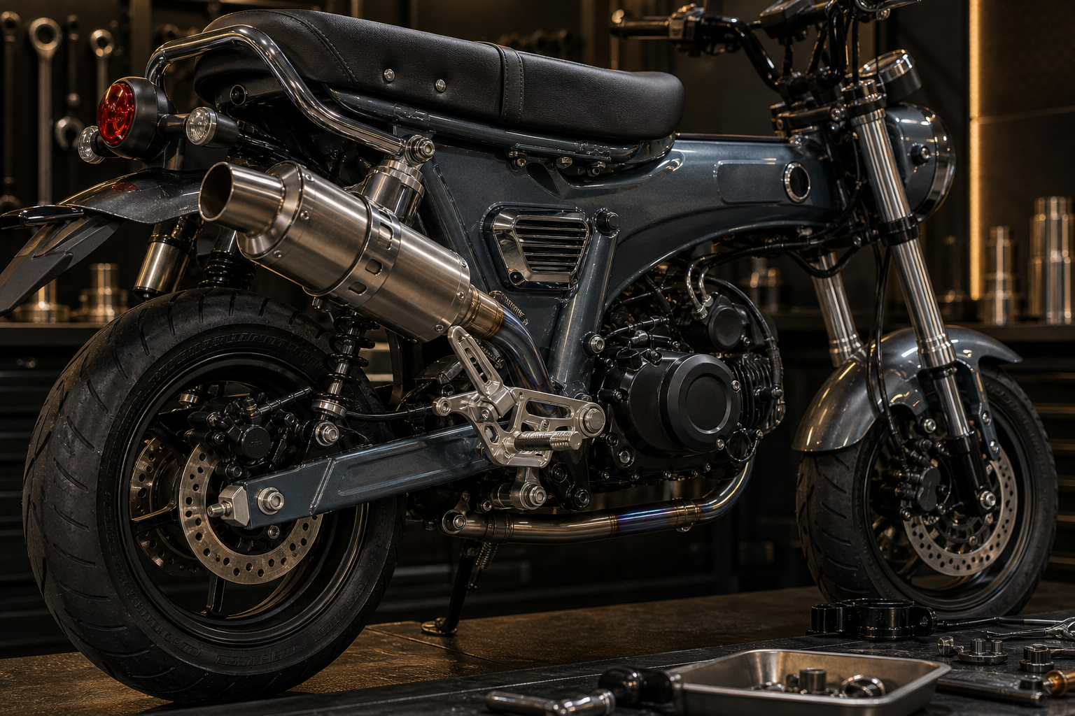 Honda Dax125 x OVER Racing exhaust, billet hardware, 124cc engine and 12-inch wheel detail