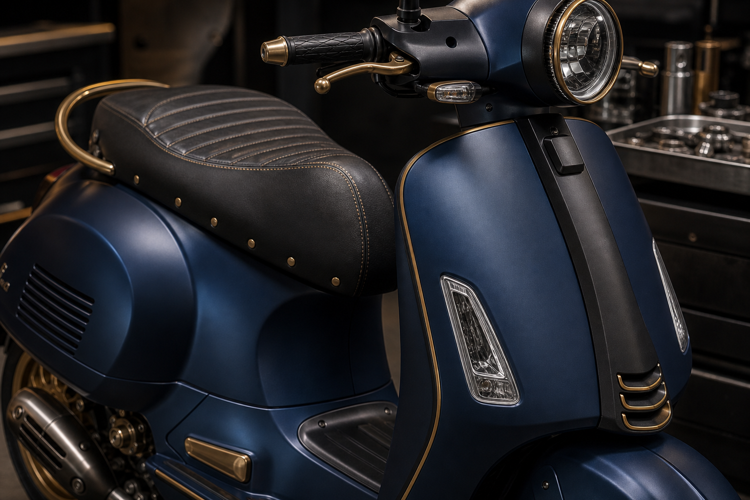 Vespa GTV Officina 8 Thailand Blu Officina 8 body, brass rivets, ribbed saddle and low headlight detail