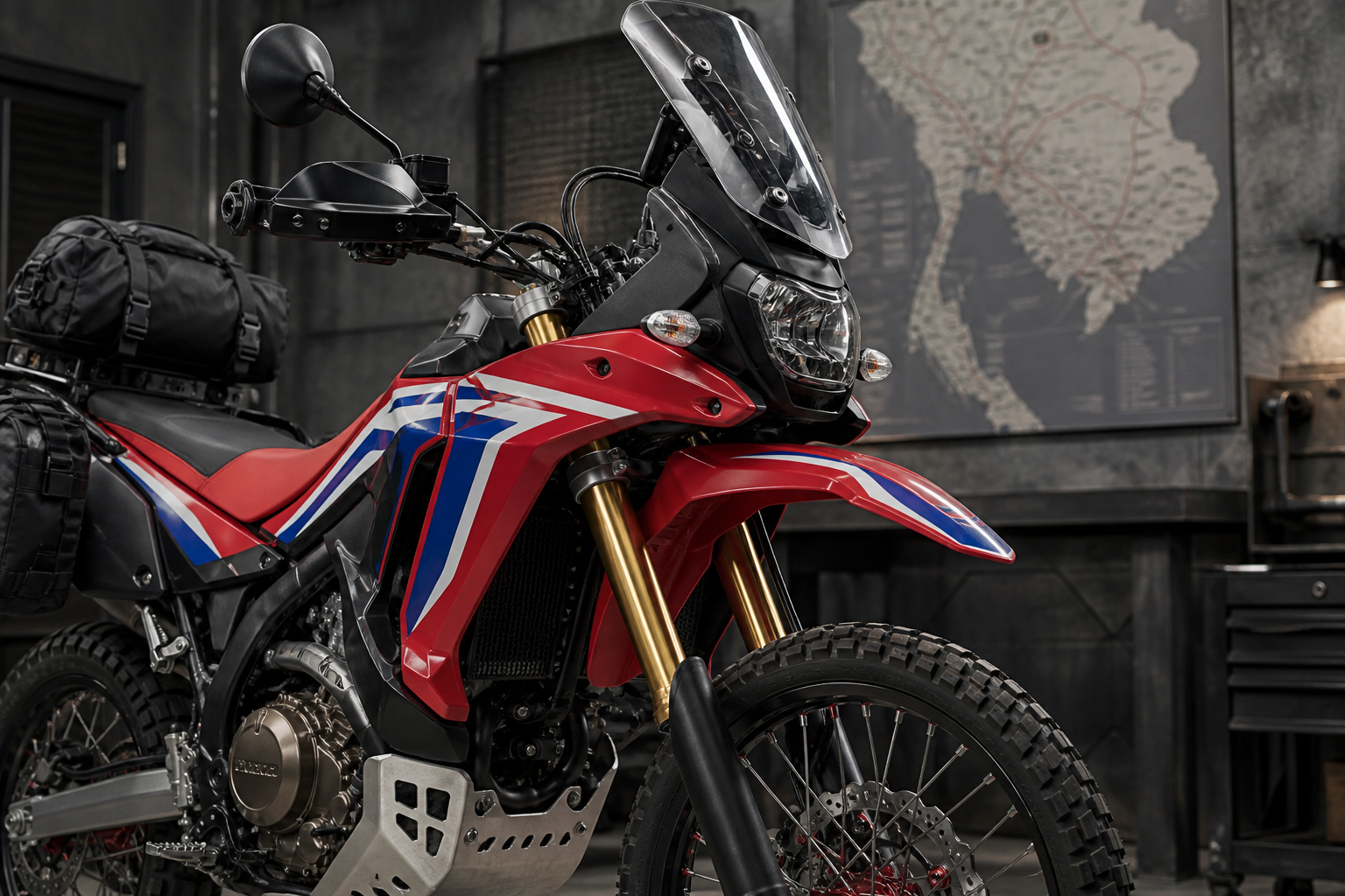 Honda CRF300L Rally cockpit windscreen fairing fork spoked wheel and light luggage detail for touring readiness