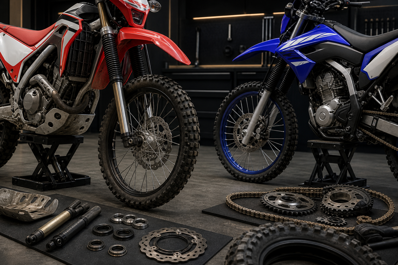 Honda CRF300L and Yamaha WR155R used-bike readiness inspection with wheel fork chain sprocket brake and tire details