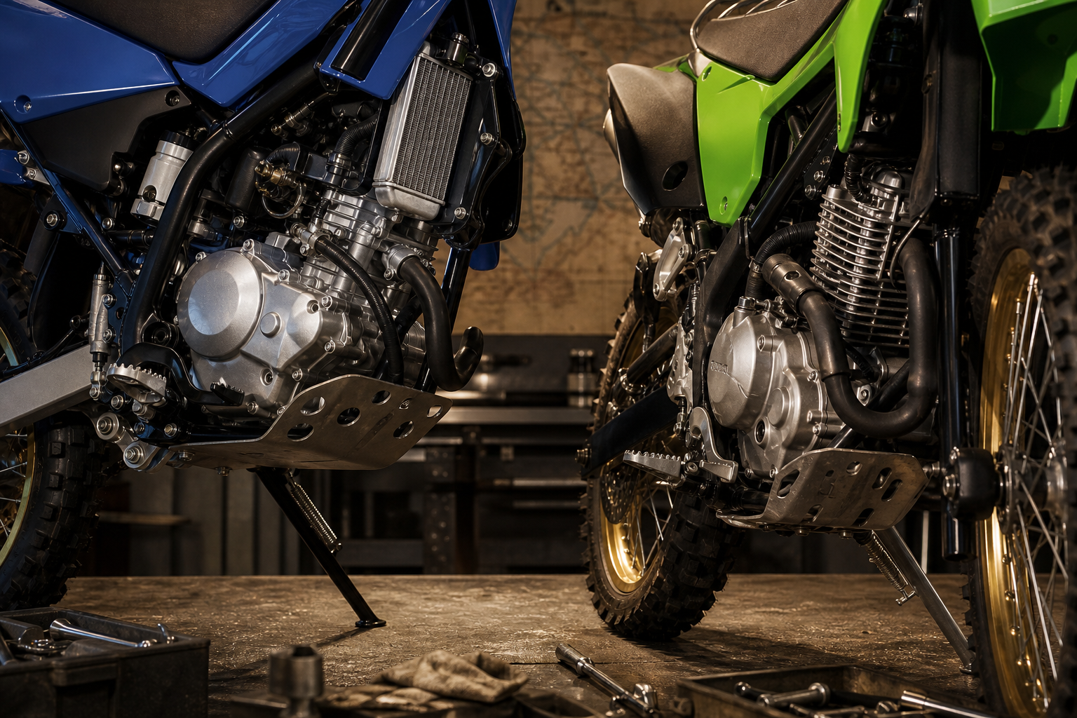 Yamaha WR155R liquid-cooled 155cc VVA engine detail beside Kawasaki KLX230 233cc air-cooled single-cylinder engine detail