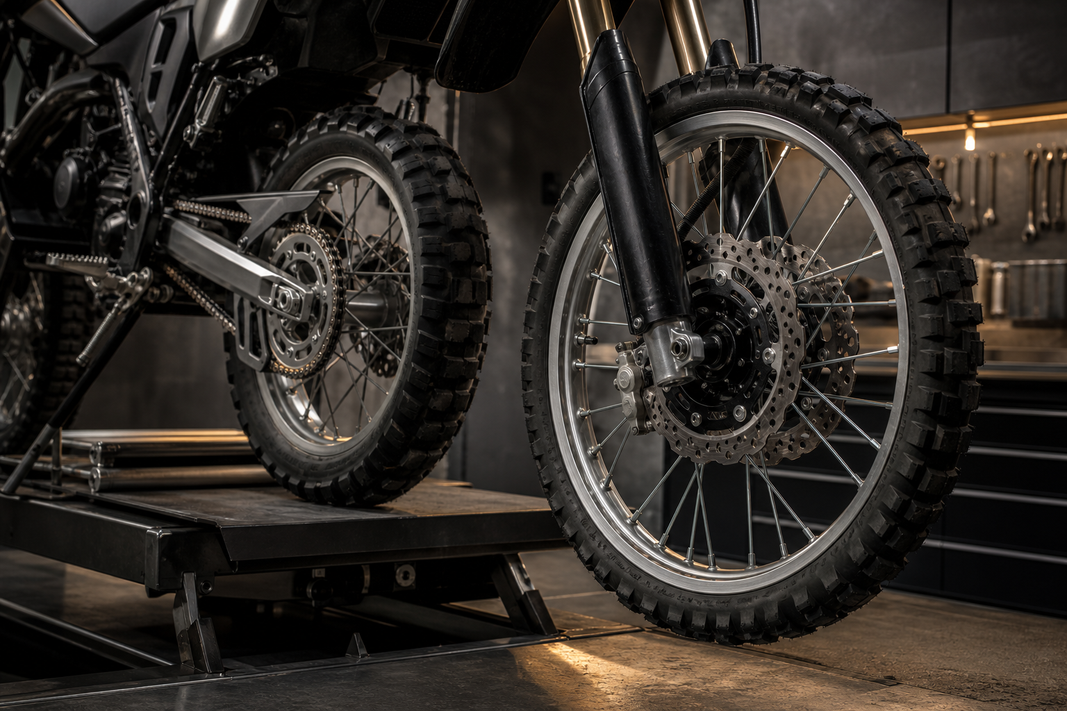 Yamaha WR155R and Kawasaki KLX230 used-bike readiness detail showing wheel tire brake chain sprocket and fork seal inspection points