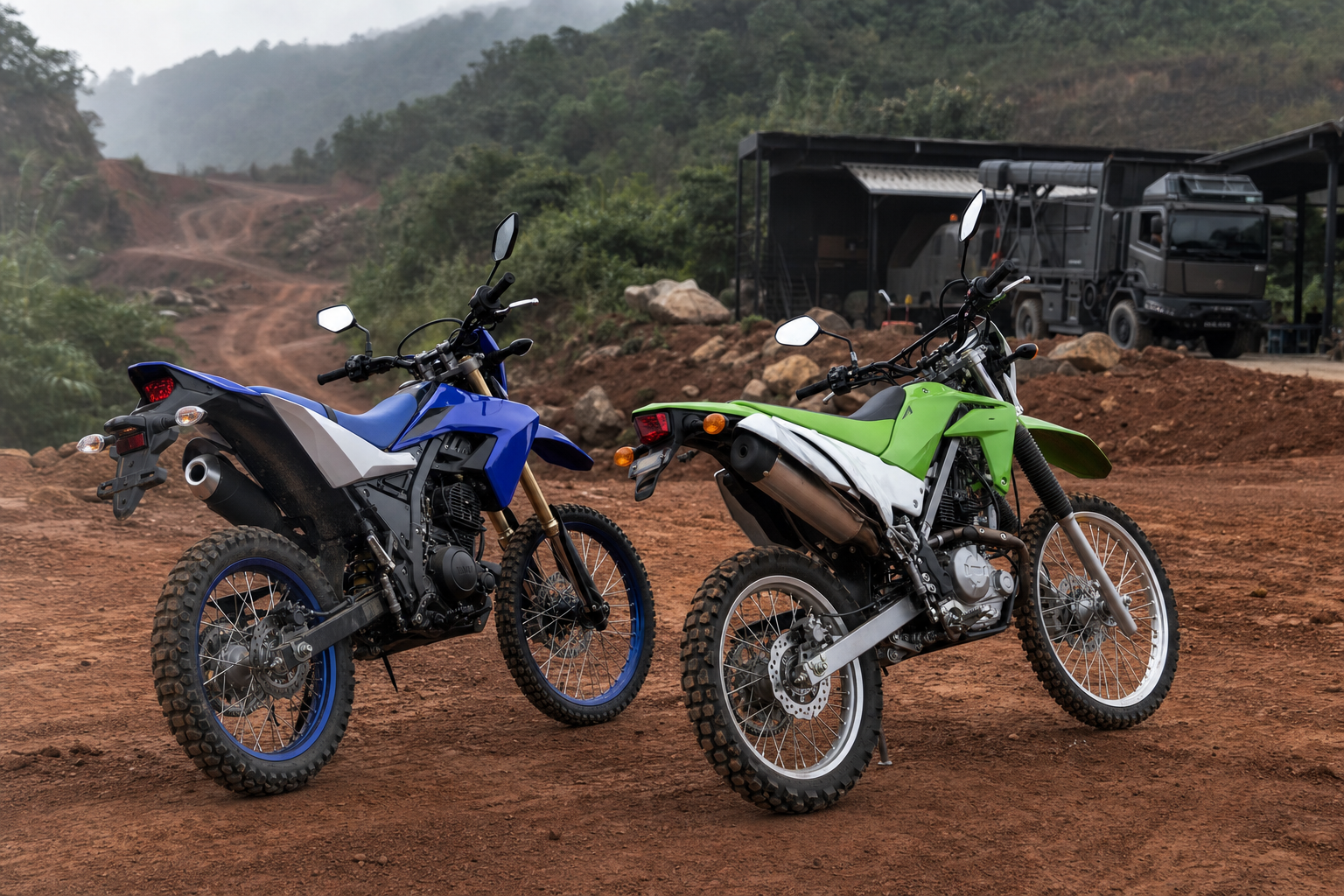Yamaha WR155R and Kawasaki KLX230 trail control stance with 21 inch front wheels and long travel suspension on Thai red dirt
