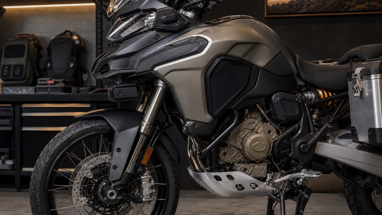 AI-generated Ducati Multistrada V4 Rally touring detail image showing tank, spoked wheel, suspension and luggage readiness