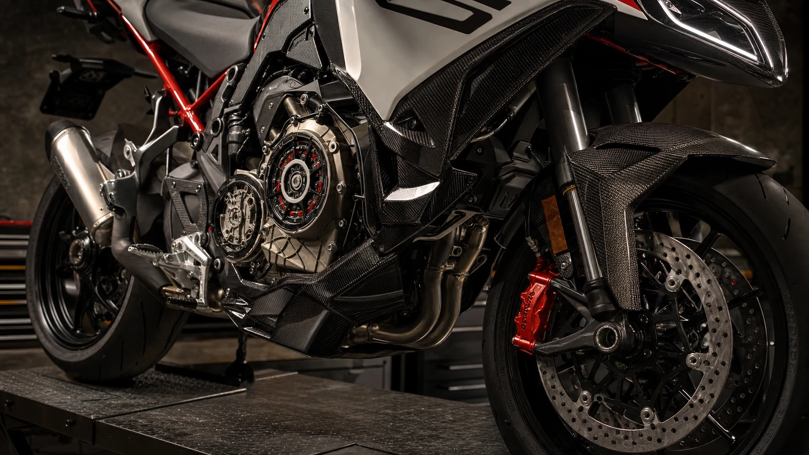 AI-generated Ducati Multistrada V4 RS mechanical detail showing dry clutch, carbon bodywork and red brake hardware