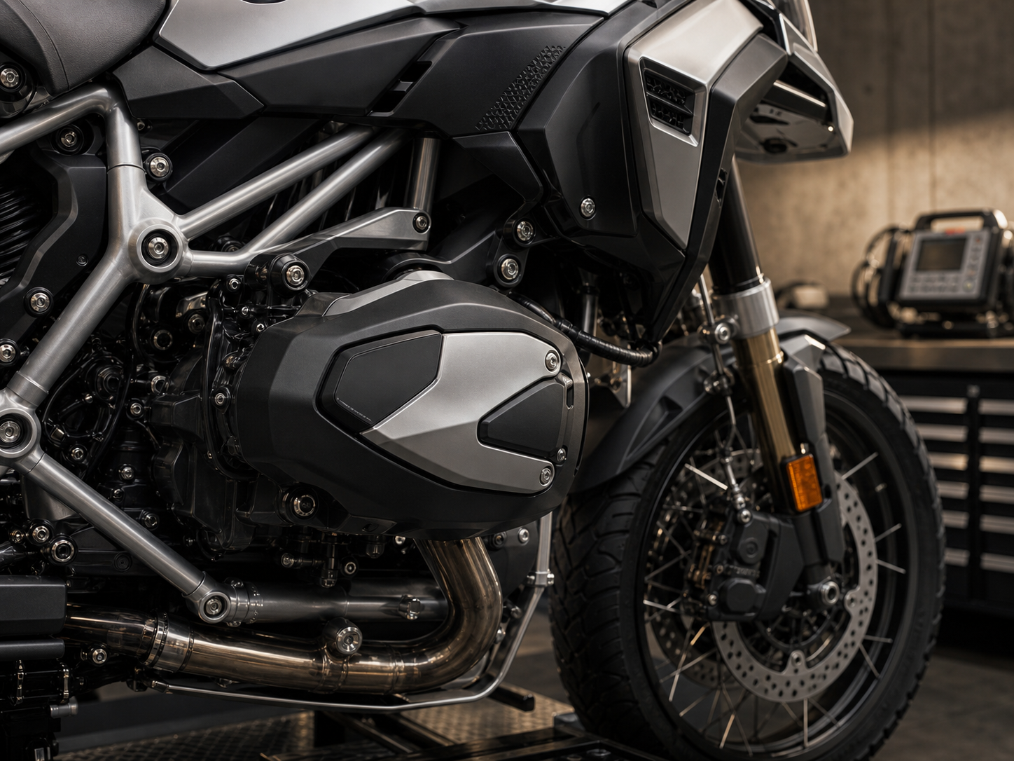 รายละเอียดเครื่องยนต์ boxer ของ BMW R 1300 GS ในพื้นที่ตรวจเชิงเทคนิค