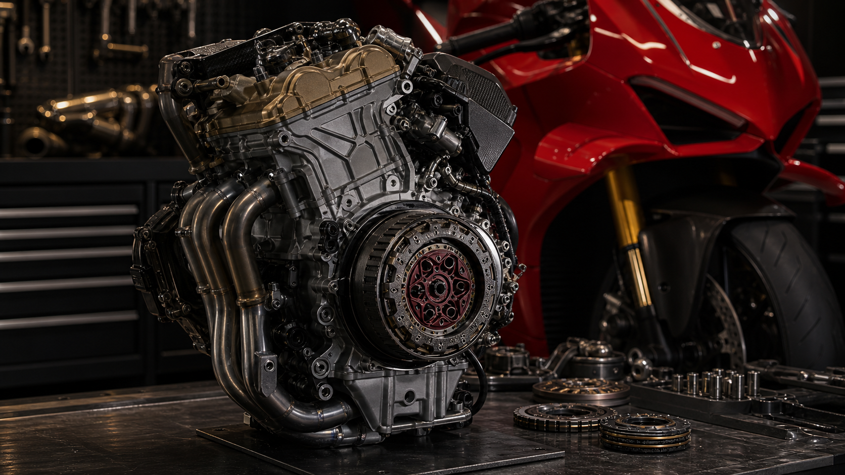 Ducati Panigale V4 R inspired 998cc V4 engine and dry clutch editorial detail