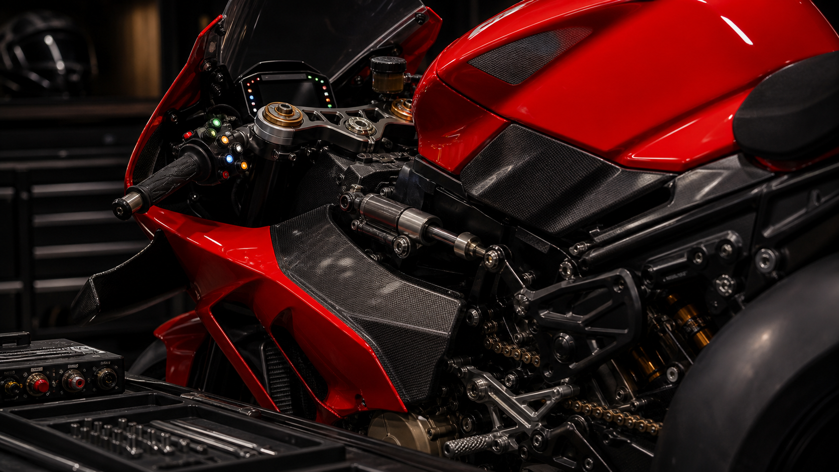 Ducati Panigale V4 R inspired race electronics cockpit and gearbox control editorial image