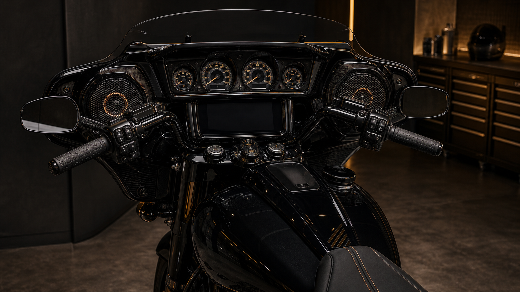 CVO Street Glide ST inspired premium bagger cockpit editorial image