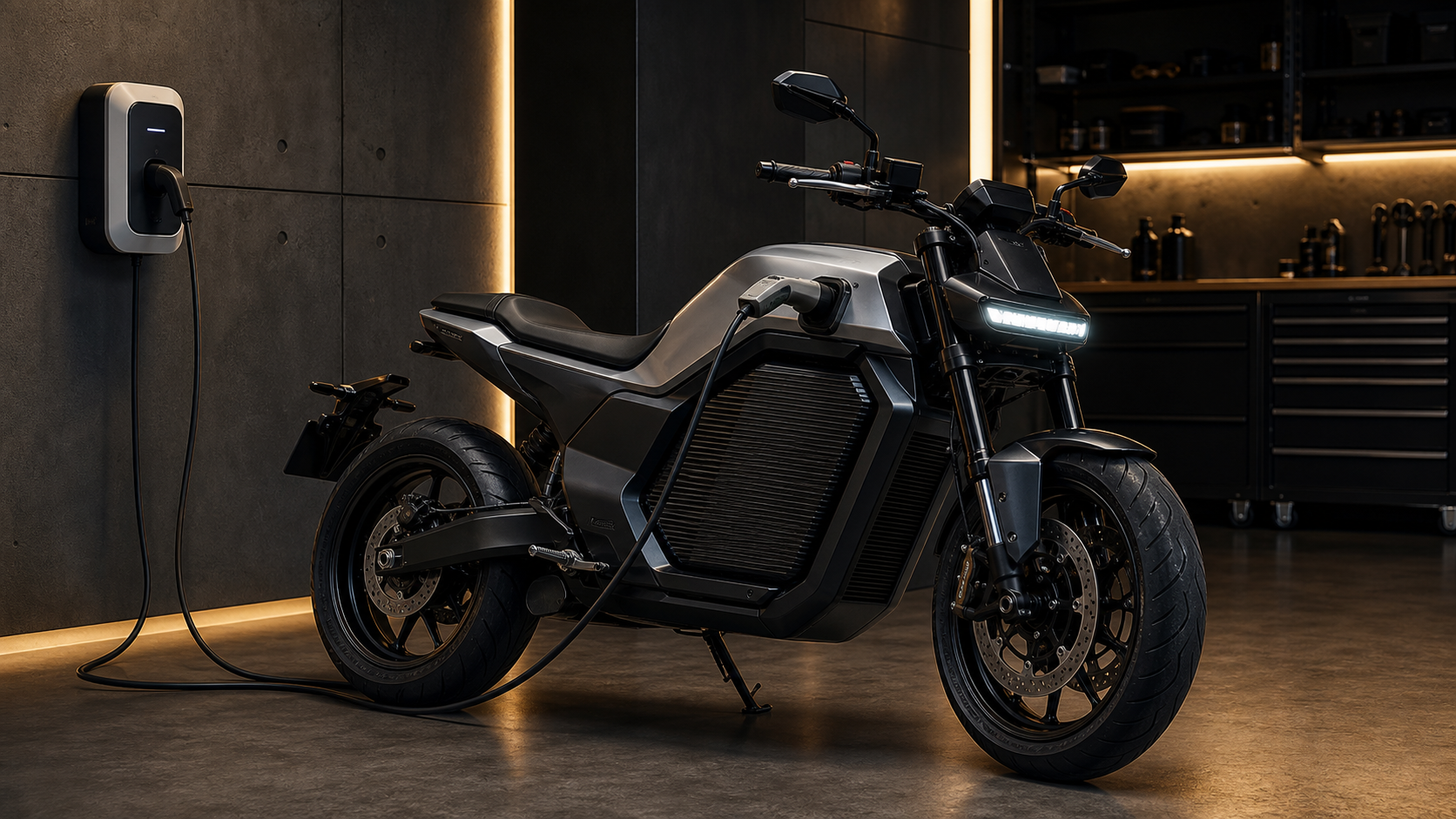 Honda WN7 inspired electric motorcycle charging in a private garage