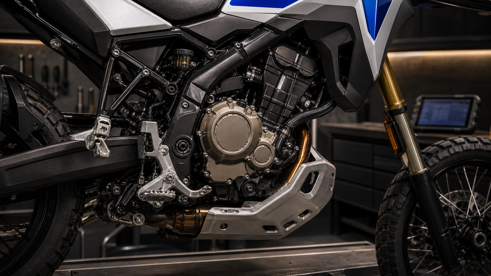 BMW F 450 GS 420cc parallel-twin engine and lower frame editorial detail