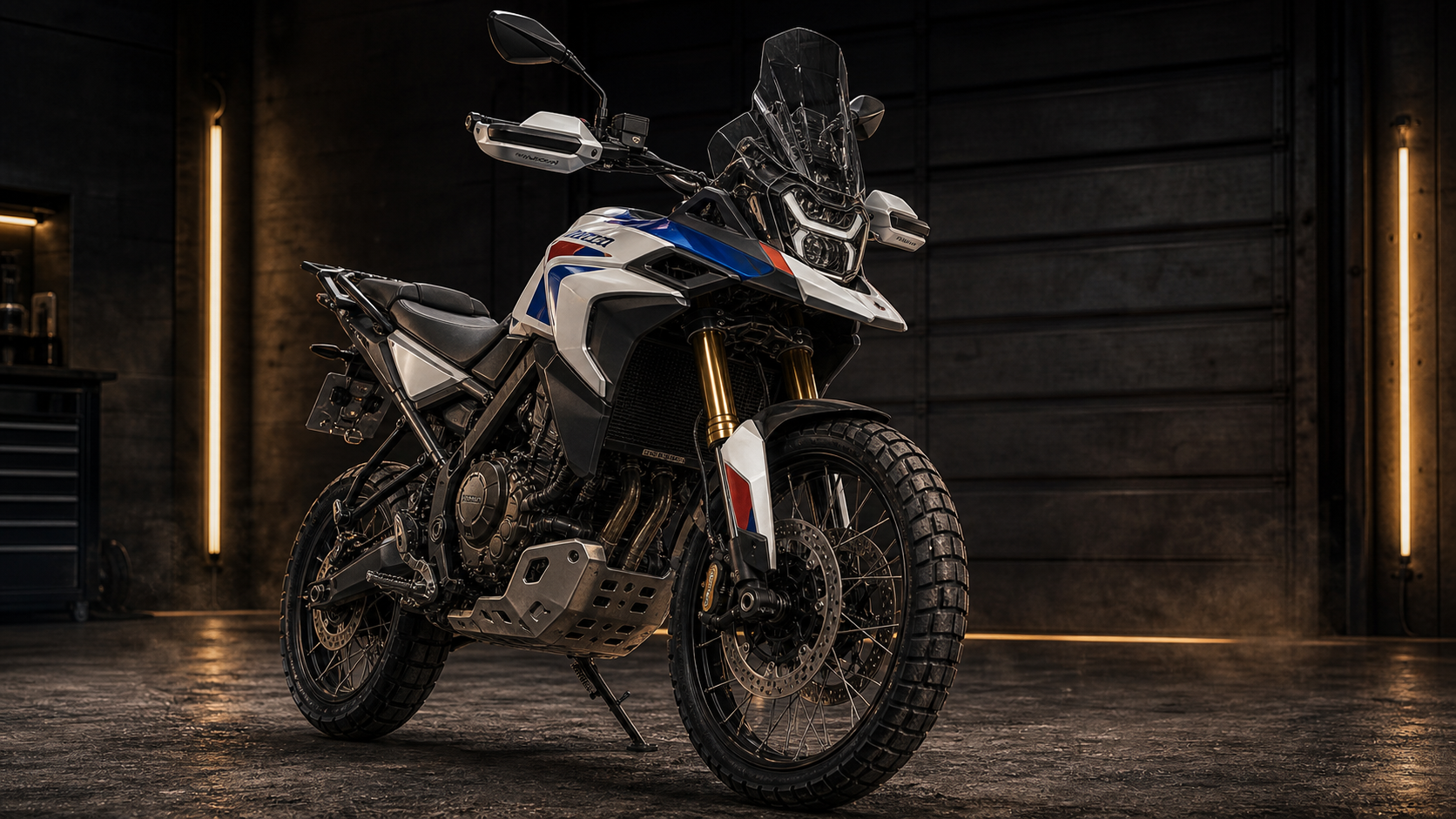 BMW F 450 GS rally stance with 19-inch front wheel and GS Trophy adventure posture