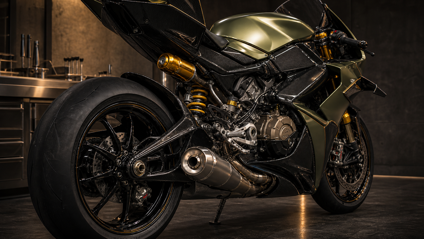 Ducati Panigale V4 Lamborghini dry clutch suspension and Akrapovic hardware editorial detail