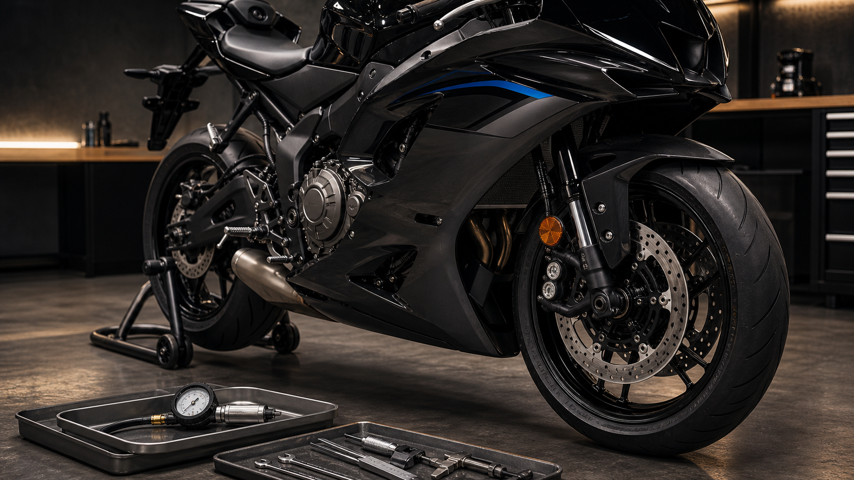 Yamaha YZF-R7 2026 curated sportbike readiness with tire brake and inspection tools