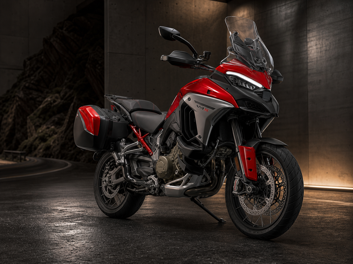 Ducati Multistrada V4 S ในฉากสปอร์ตทัวร์ริ่งพรีเมียมเพื่อสื่อถึงความเร็วและระบบควบคุม