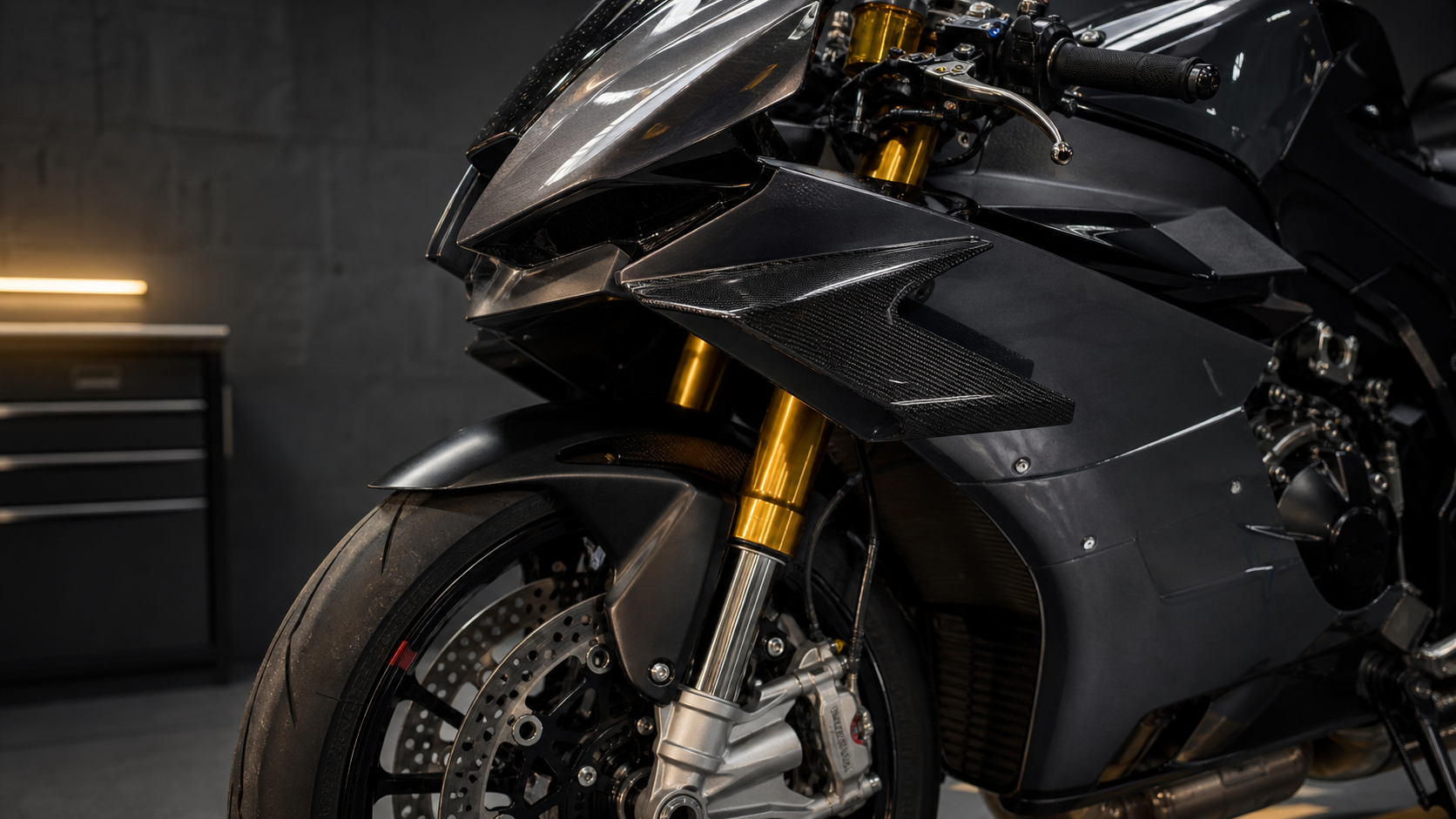 AI-generated editorial detail image of Honda CBR1000RR-R Fireblade SP inspired winglet Ohlins Brembo front-end hardware