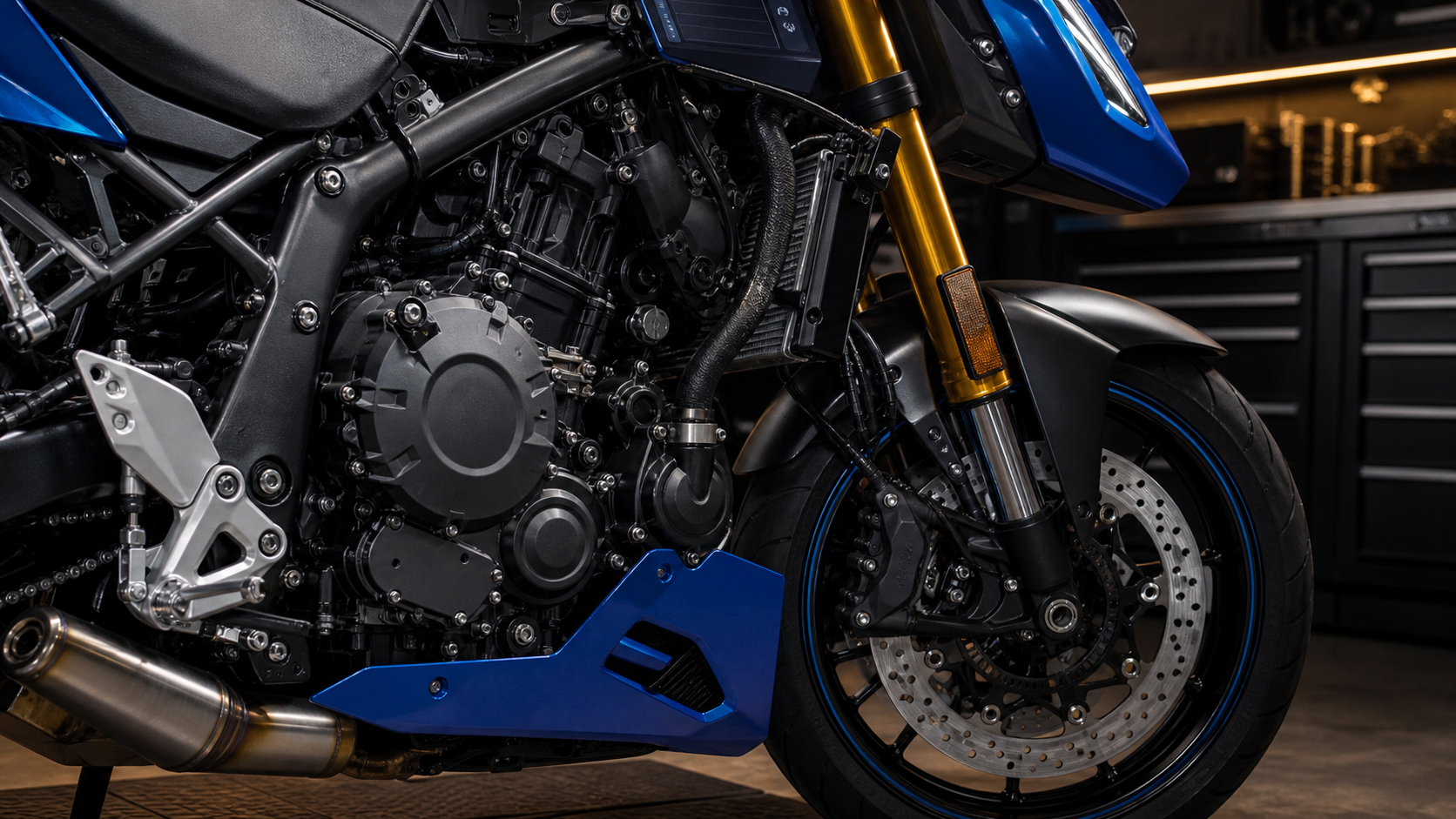 AI-generated editorial detail image of Suzuki GSX-8R inspired parallel twin chassis fork brake and TFT hardware