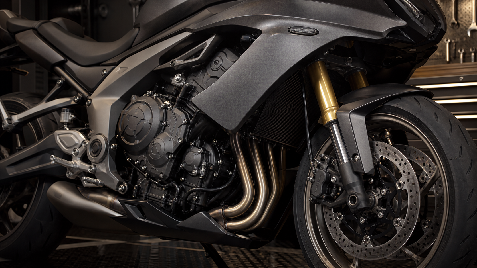 AI-generated editorial detail image of Triumph Daytona 660 inspired triple engine Showa fork brake and cockpit hardware