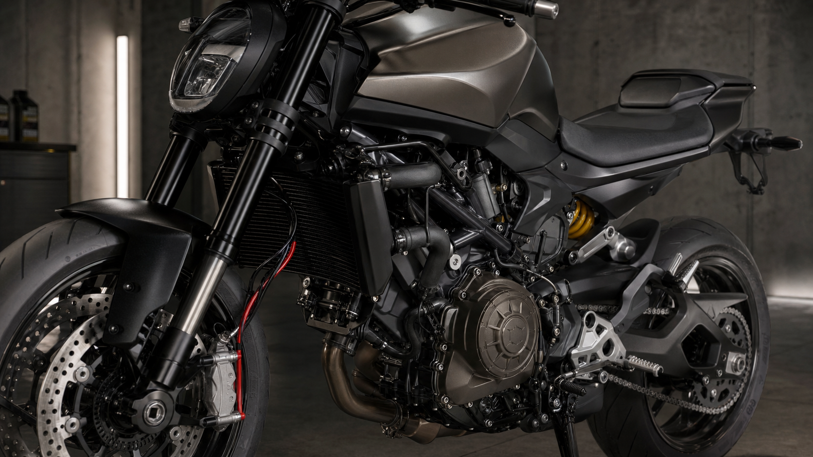 Ducati Monster V2 2026 V2 engine Brembo radial brake Showa fork TFT cockpit and compact tank detail in an industrial inspection bay