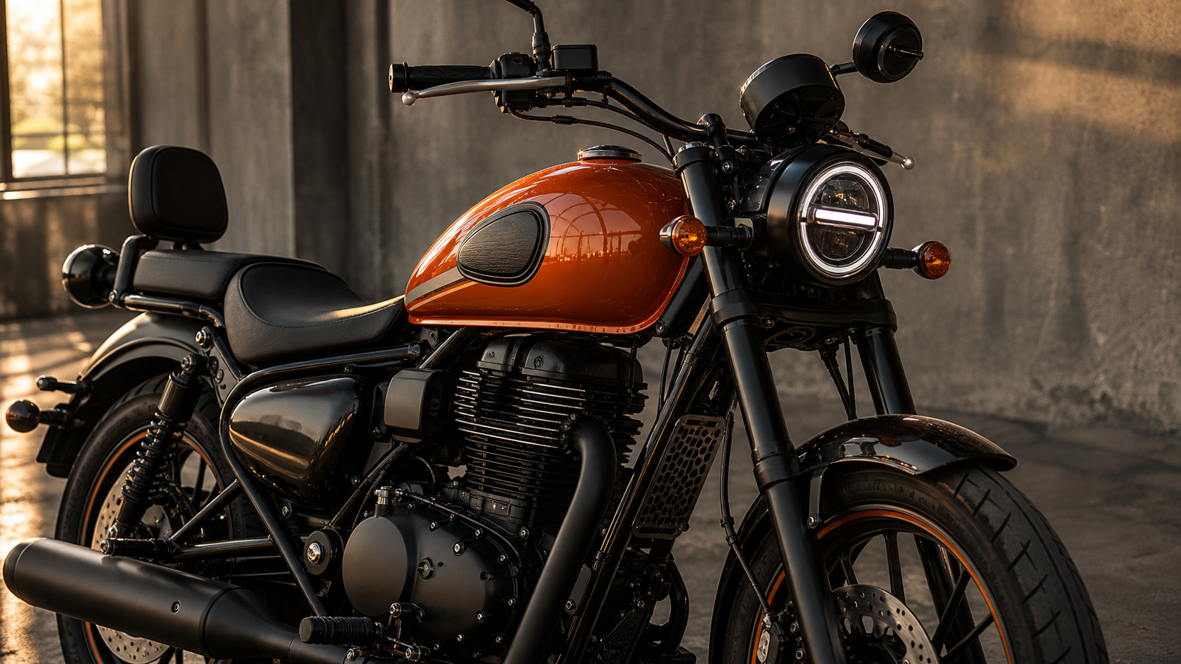 Royal Enfield Meteor 350 Sundowner Orange tank, LED headlamp, cockpit and J-Series 350cc engine detail