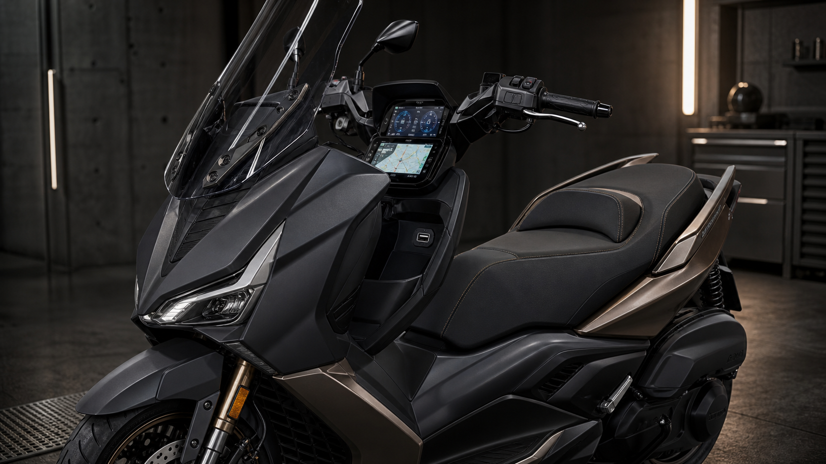 Yamaha XMAX Tech MAX 2026 cockpit, electric windscreen, TFT display and premium seat detail