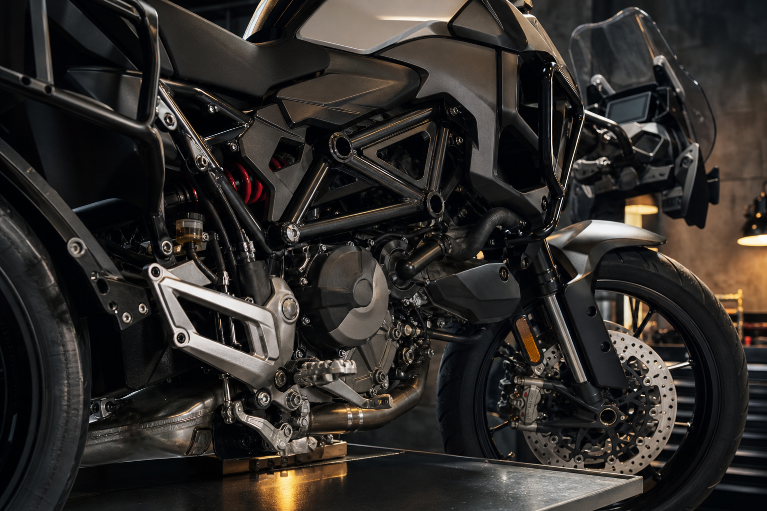 Ducati Multistrada V2 MY25 890cc V2 engine brake fork cockpit and luggage mounting detail
