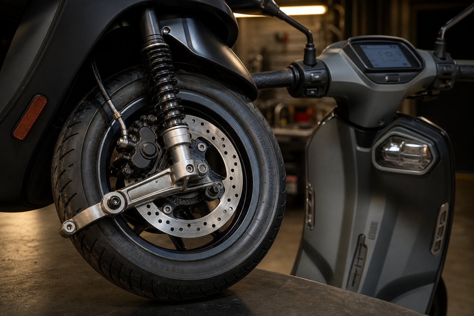 Lambretta X200 GP front suspension and brake detail with Vespa Sprint Tech 180 i-Get ABS cockpit context