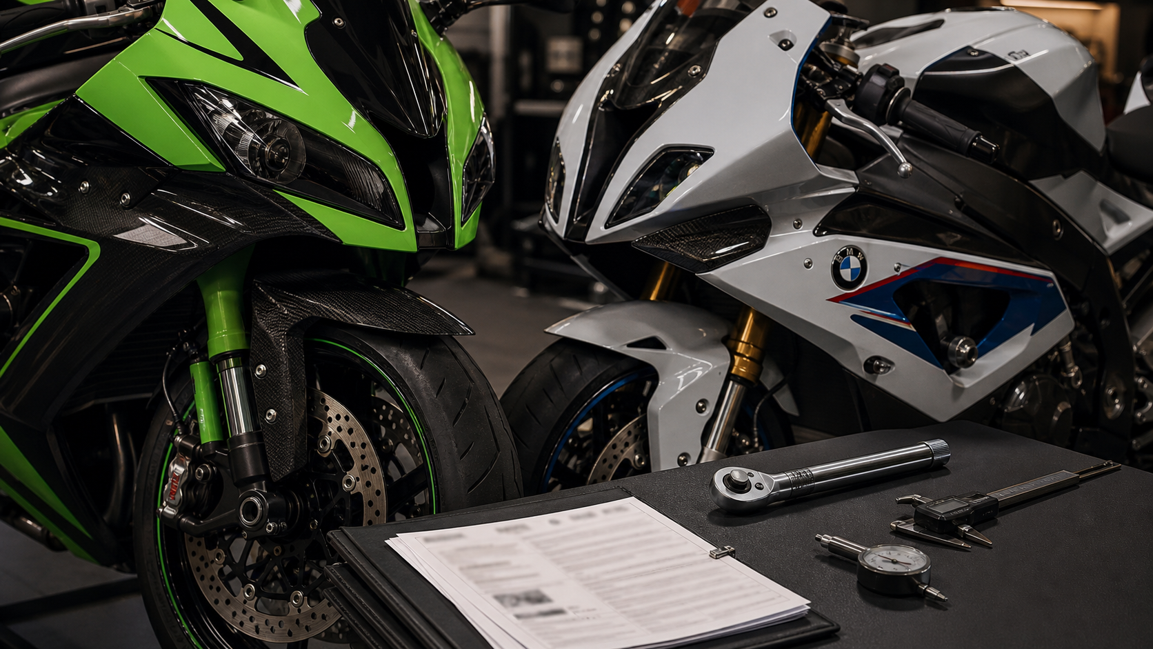 Kawasaki Ninja ZX-10R and BMW S 1000 RR provenance inspection detail with brakes tires fasteners and service records