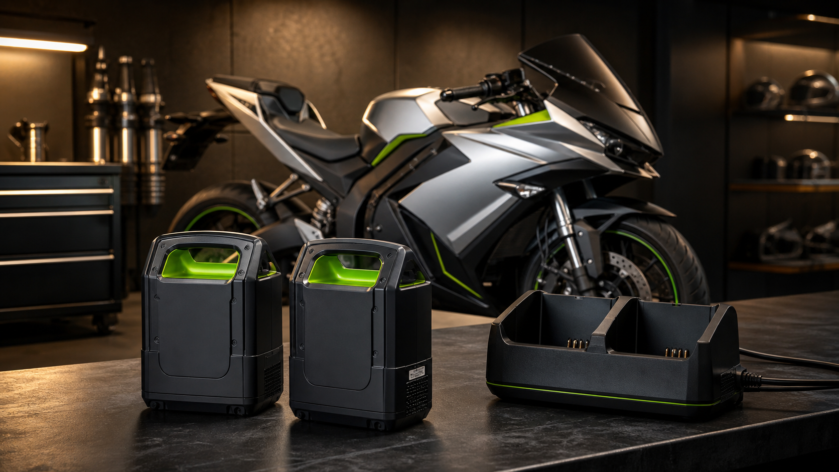 AI-generated editorial image of Kawasaki Ninja e-1 inspired removable battery and charging discipline