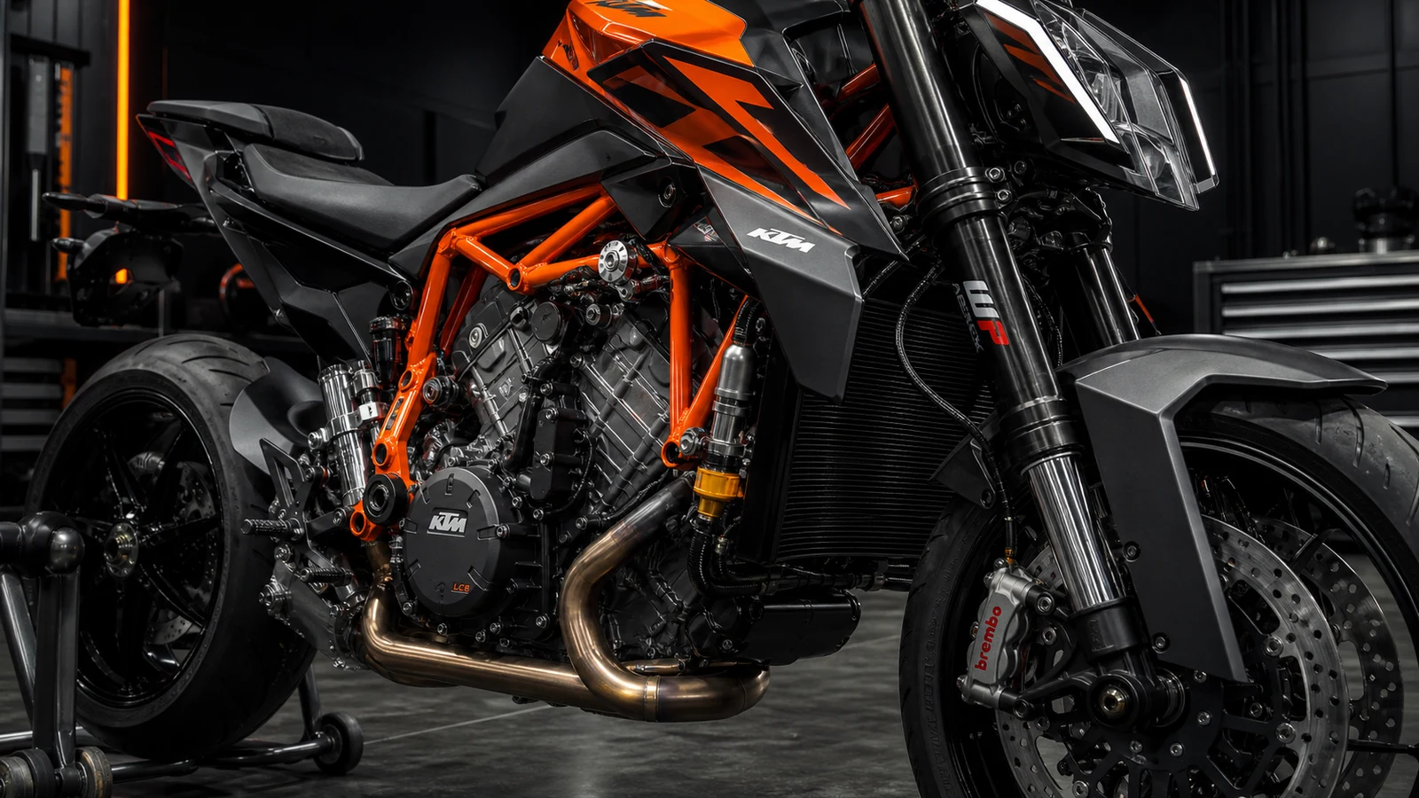 AI-generated KTM 1390 Super Duke R EVO mechanical detail image showing LC8 V-Twin engine, orange trellis frame, Brembo brake hardware and WP semi-active suspension detail