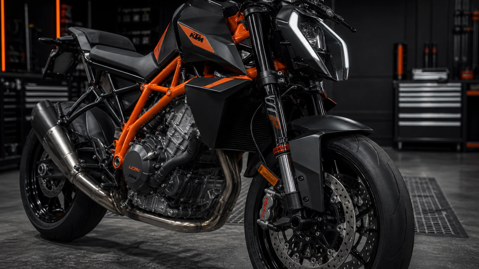 AI-generated KTM 990 Duke R mechanical detail image showing LC8c engine, orange trellis frame, Brembo brake hardware and WP APEX fork