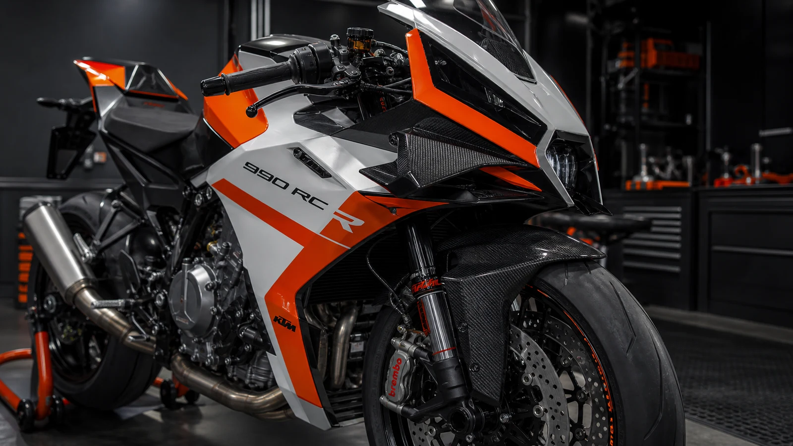 AI-generated KTM 990 RC R mechanical detail image showing street-legal supersport fairing, clip-on cockpit, Brembo brake hardware and track-prep stance
