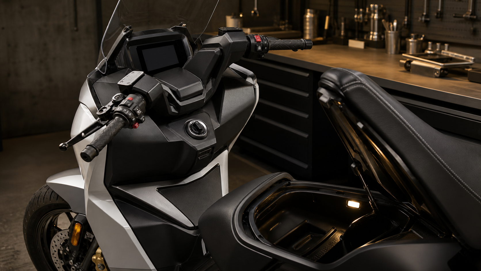 AI-generated editorial detail of BMW C 400 GT cockpit Keyless Ride Connectivity Flexcase storage and front brake